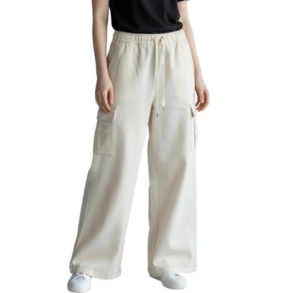 Calia Women Cream Wide Leg Cargo Pants Stretch Denim Pull On Drawstring Medium